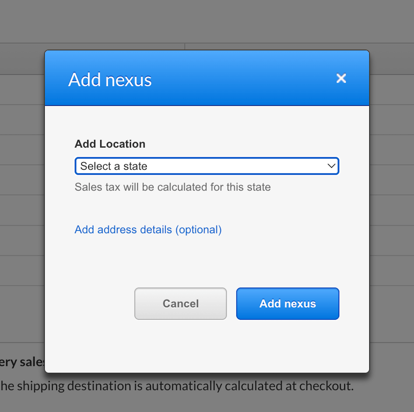 The Add Nexus pop-up wizard with Add location dropdown, address fields, and the Add nexus button.