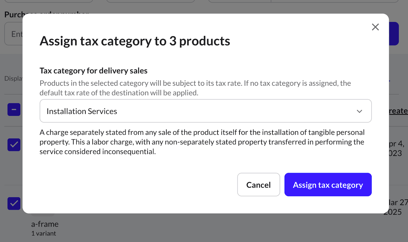 The pop-up window to assign a tax category to bulk products.