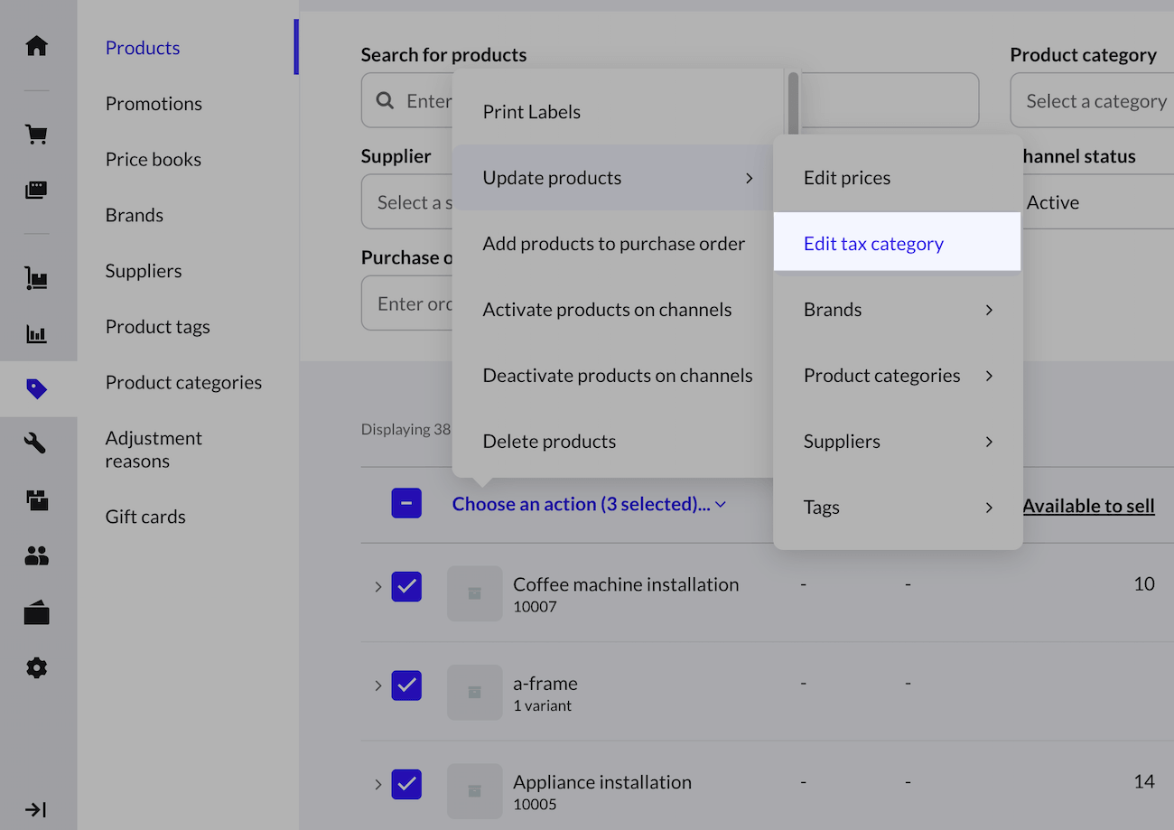The products page displaying the Choose an action dropdown and the Edit tax category option highlighted.