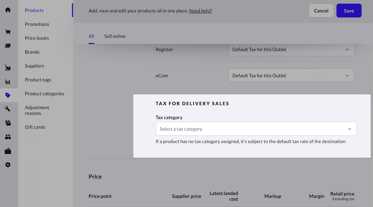 TheTax for delivery sales section and Tax category dropdown highlighted.