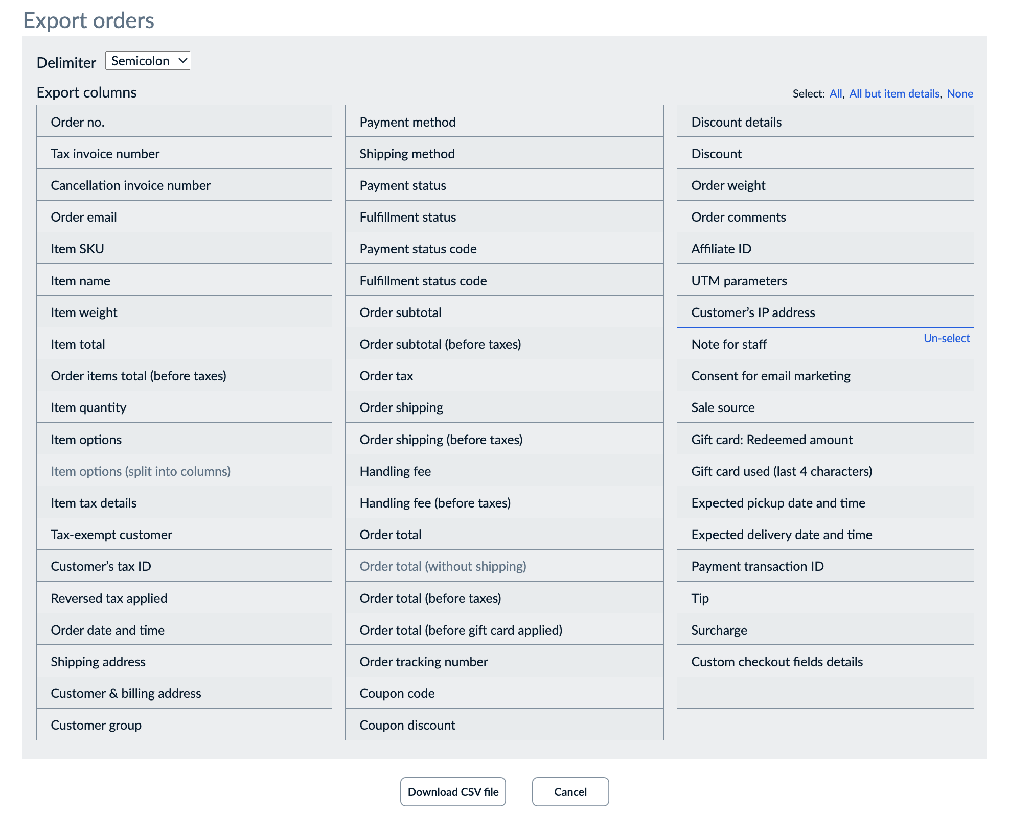 Select order data for export