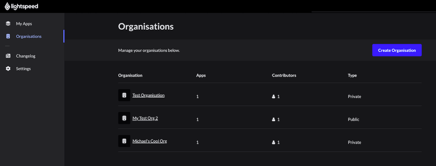 Private apps on the Organisations page.