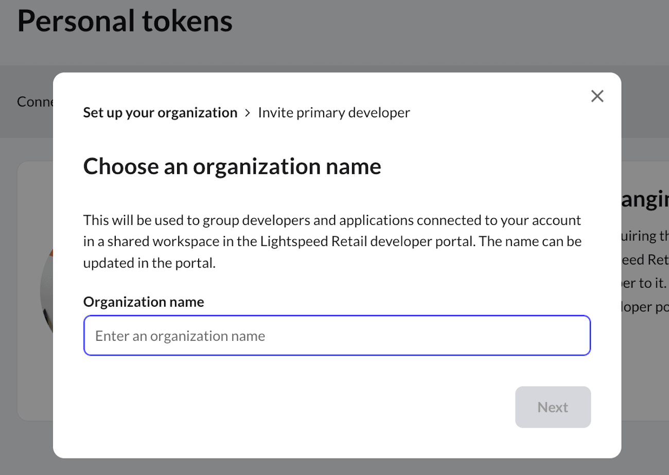 The Choose an organization name pop up window.