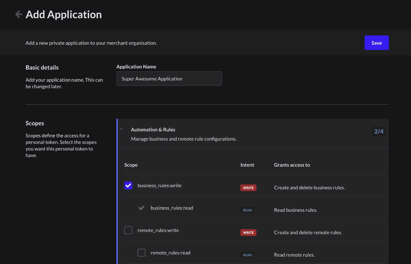 The Add Application page.