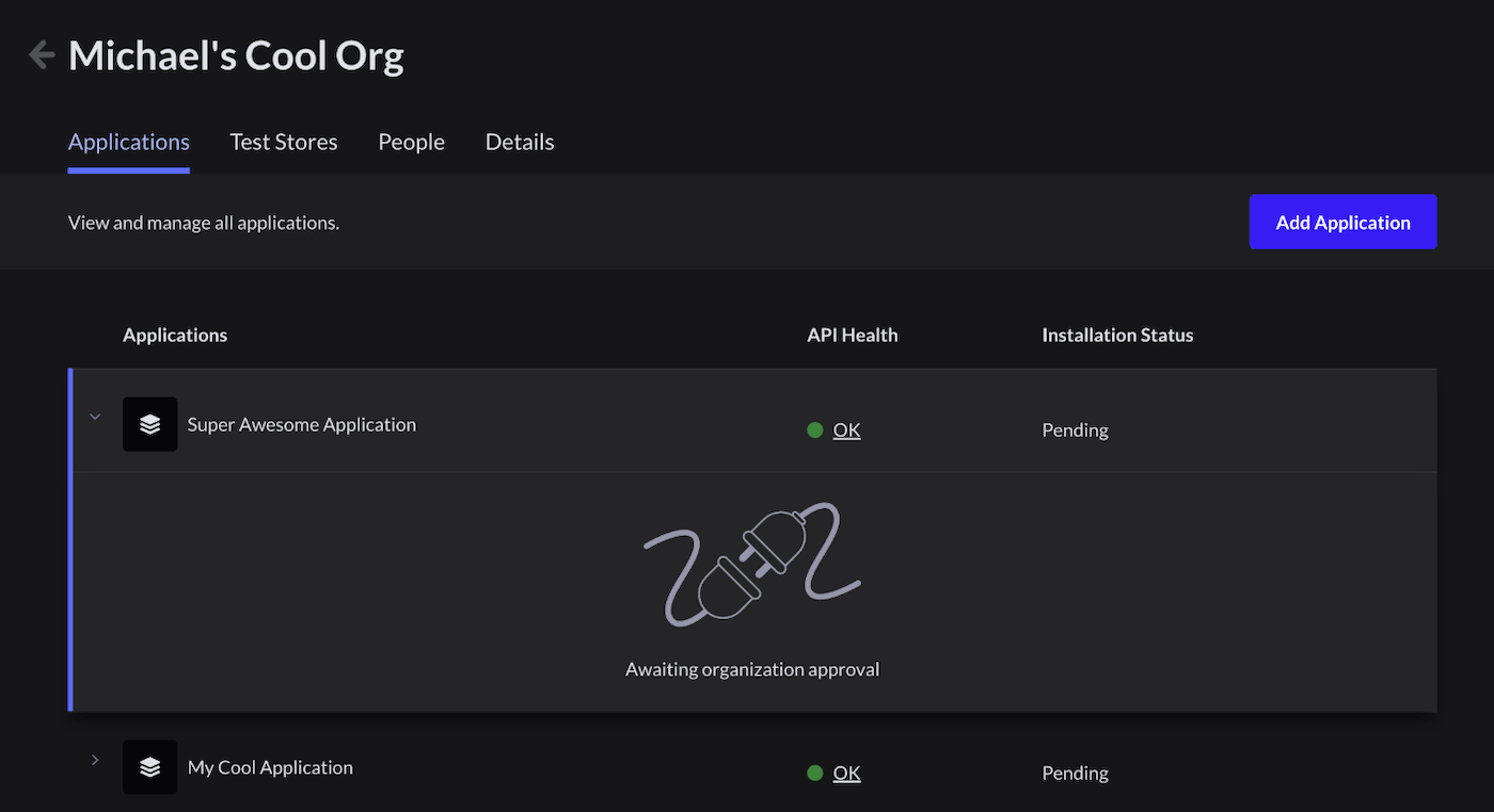 An Application displaying that it's awaiting orgnization approval.