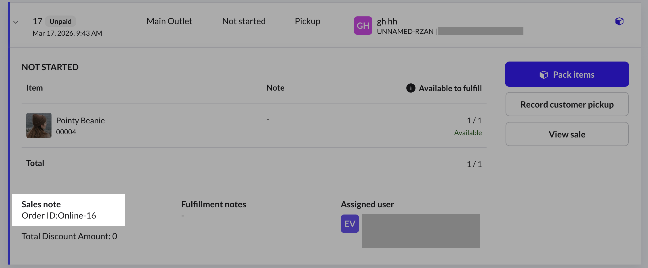 Example of an order ID in the order details