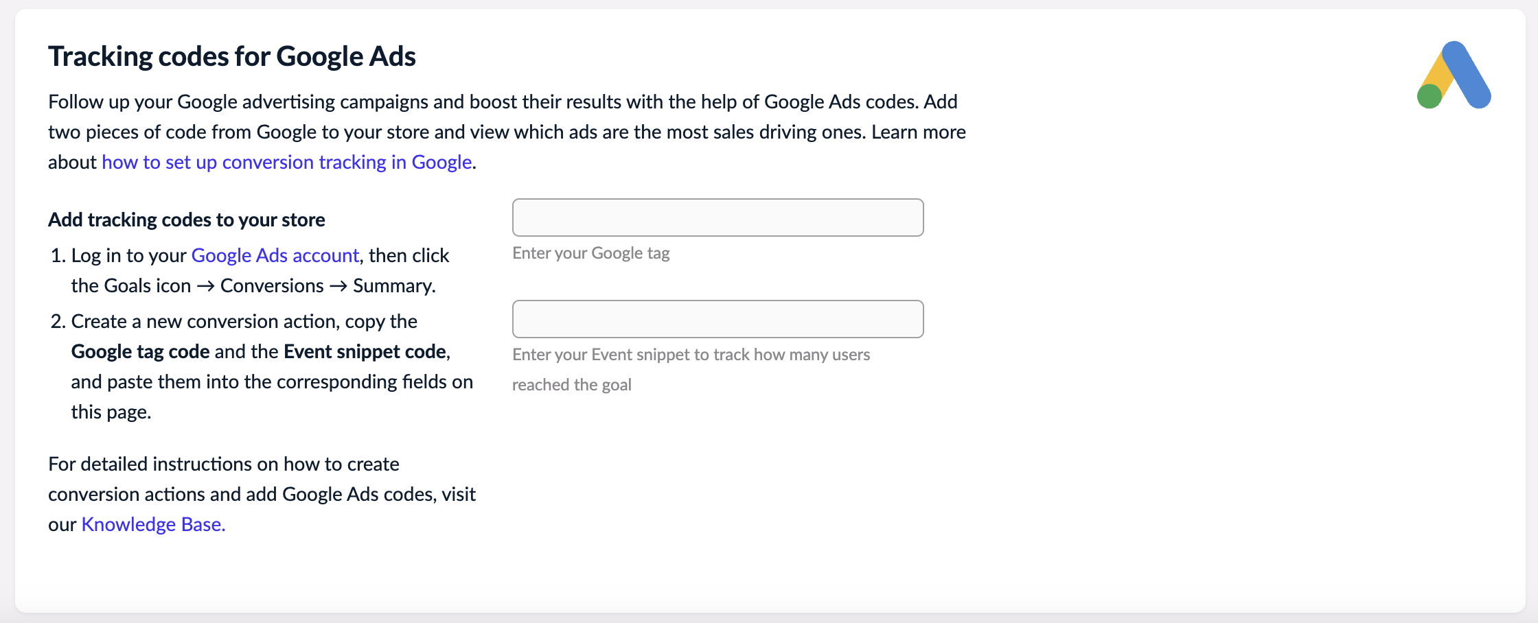The Tracking codes for Google Ads block