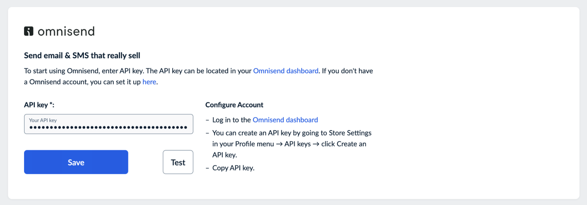 Inserting the API key in the eCom admin