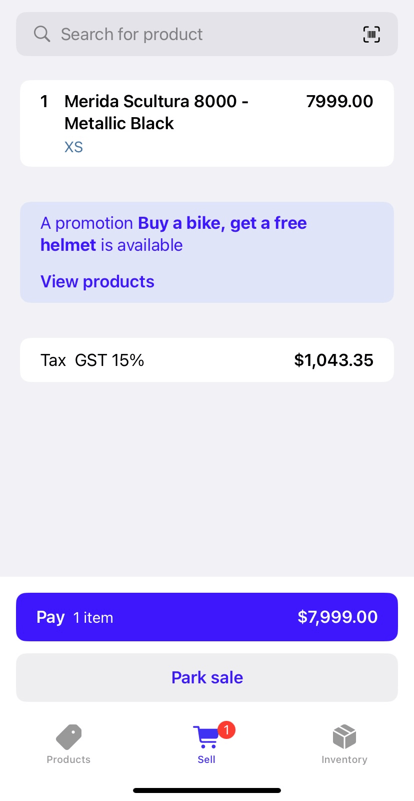 Product added to cart showing that a promotion is available.