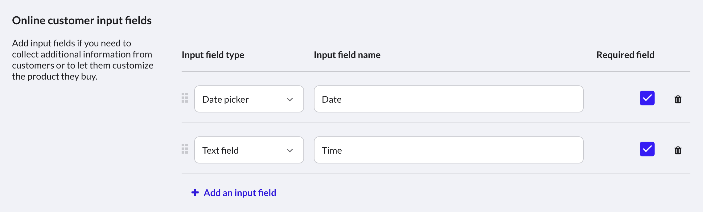Input fields for date and time