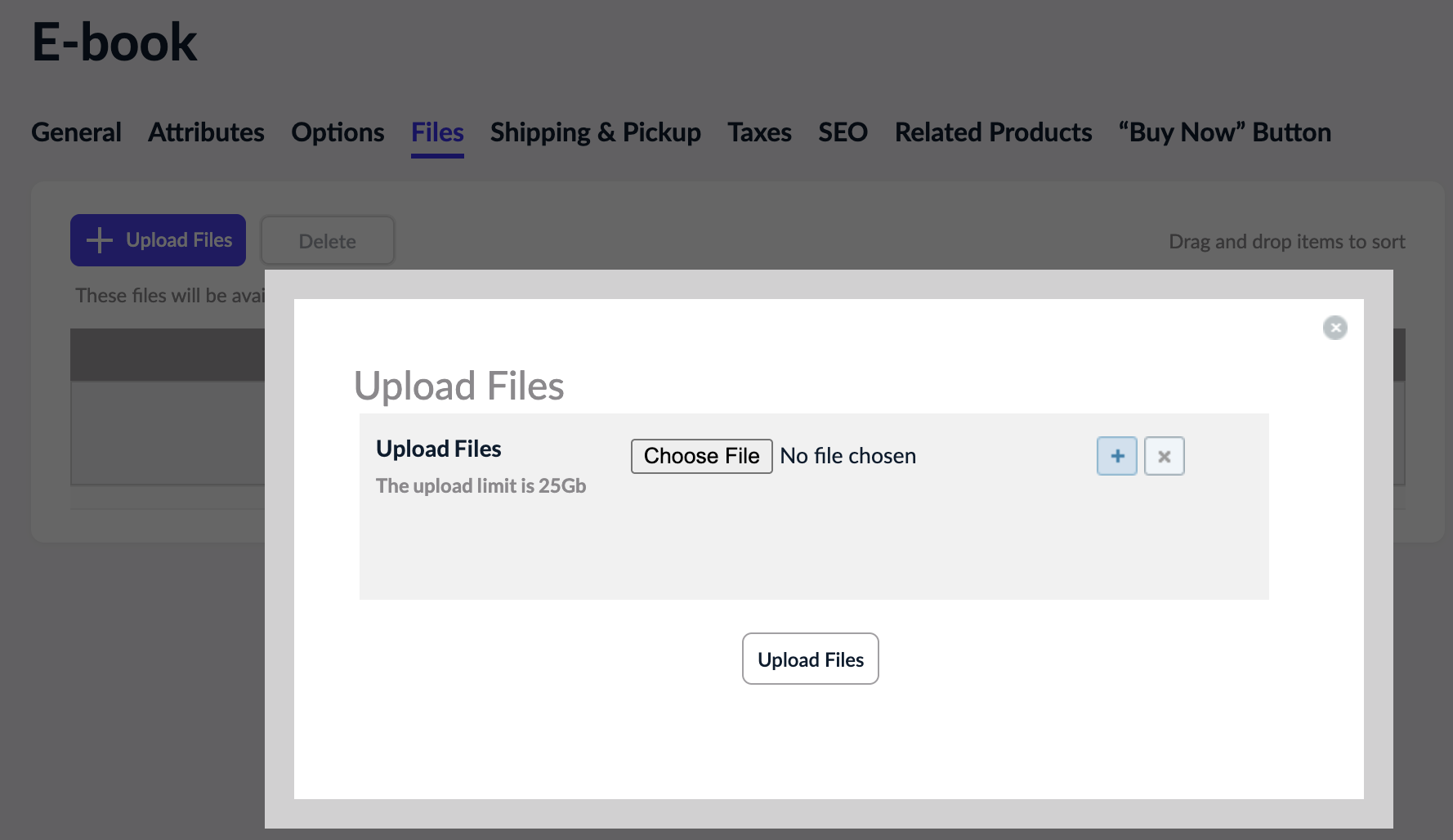 The upload files popup