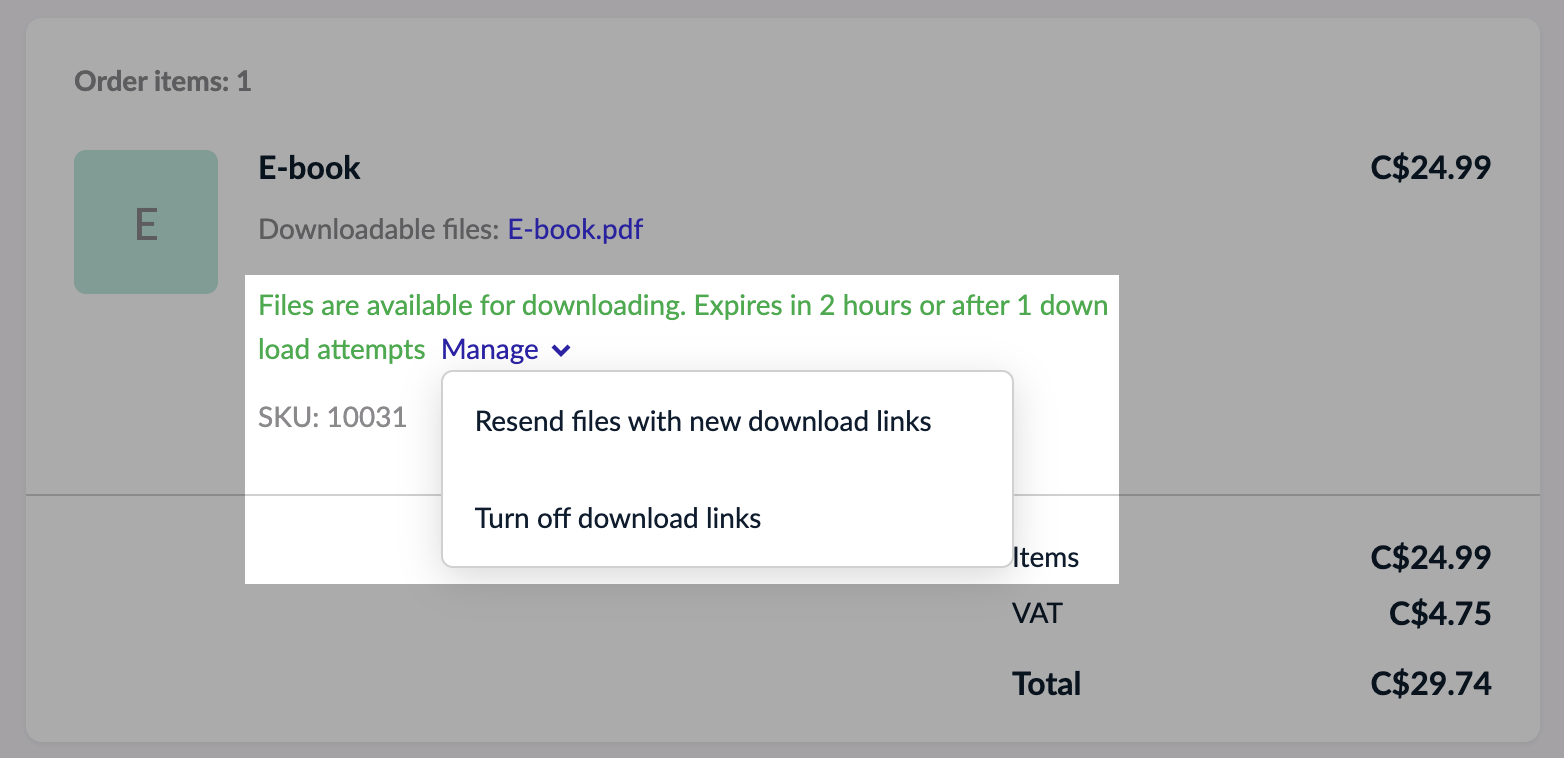 Managing download links on the order page