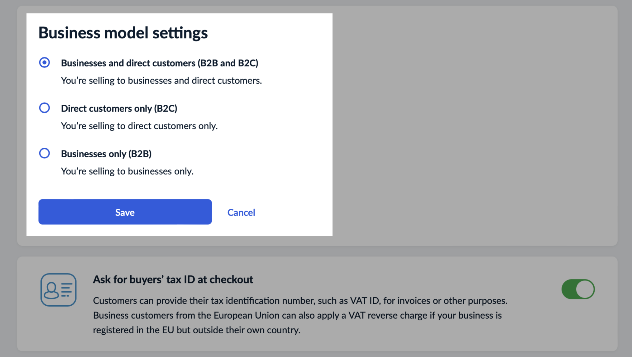 Business model section in the eCom admin