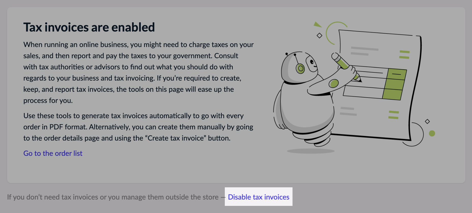 The Disable tax invoices link