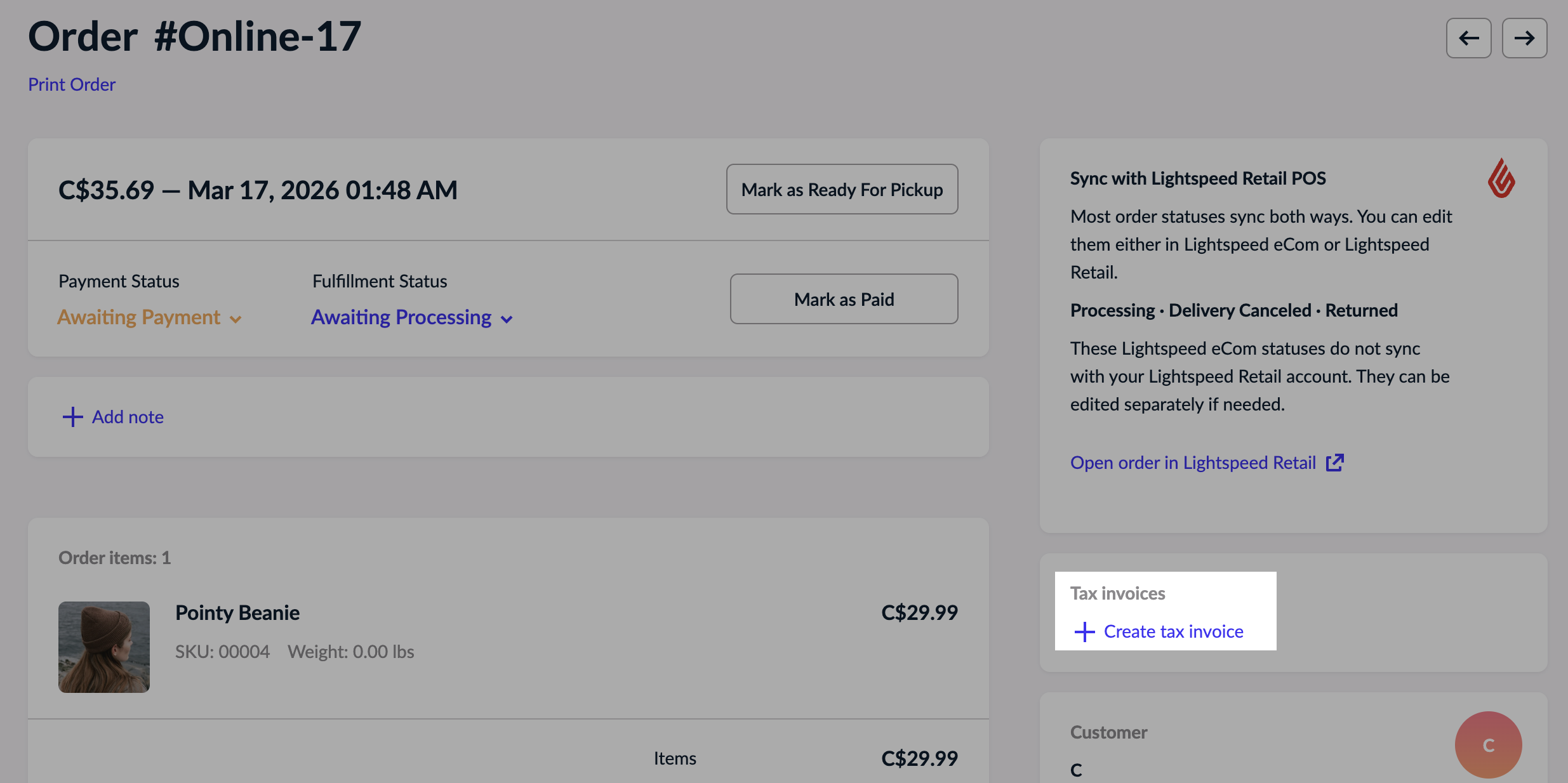 The Create tax invoice link