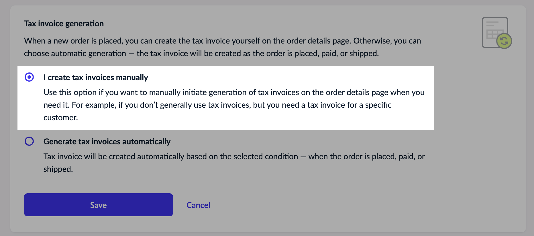 Choosing to create tax invoices manually
