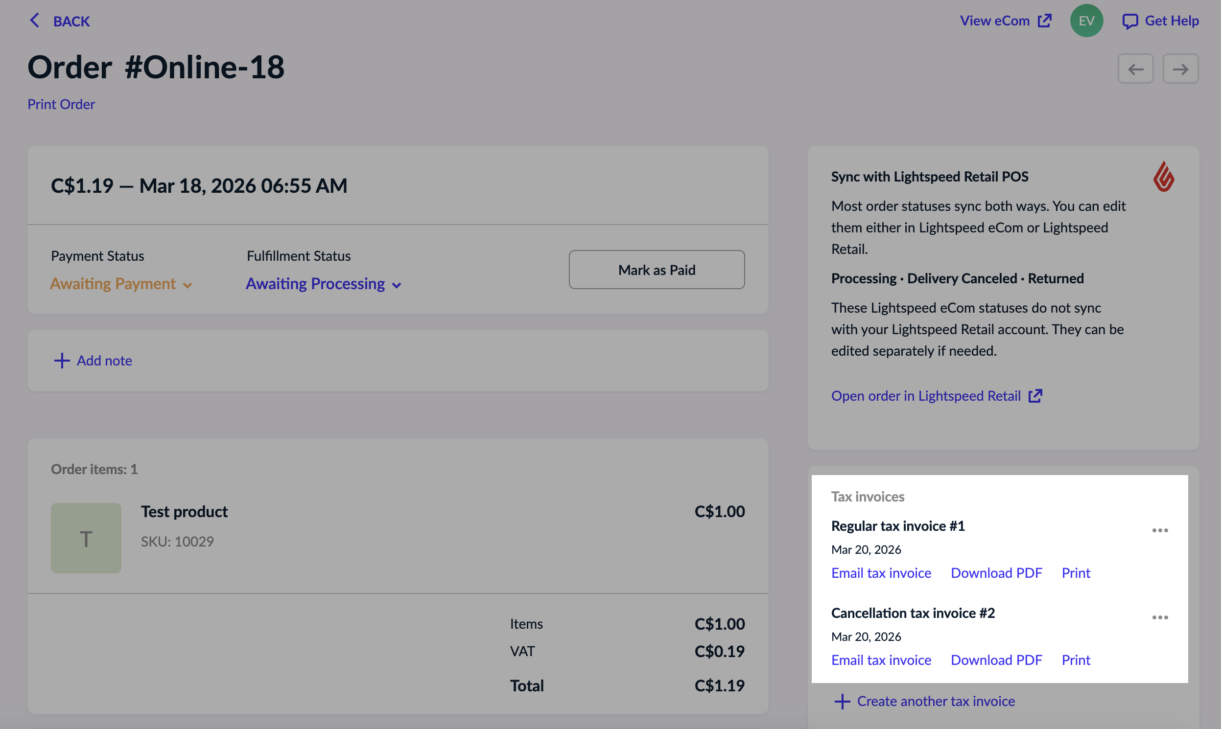 Tax invoices for an order