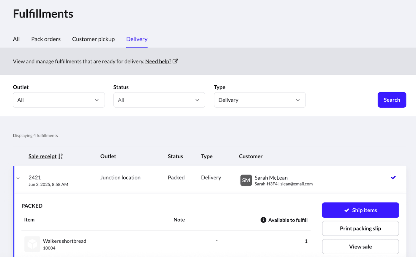 Ligne de vente développée sur la page Traitement des commandes.