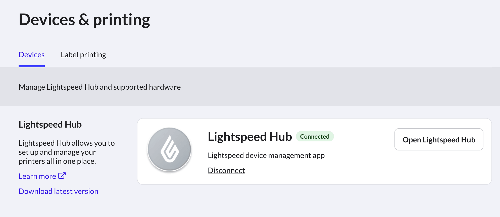 Devices and label printing page setup options.