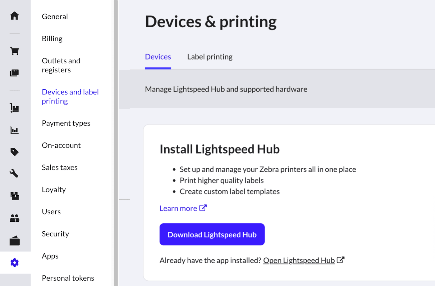 Devices and label printing page setup options.