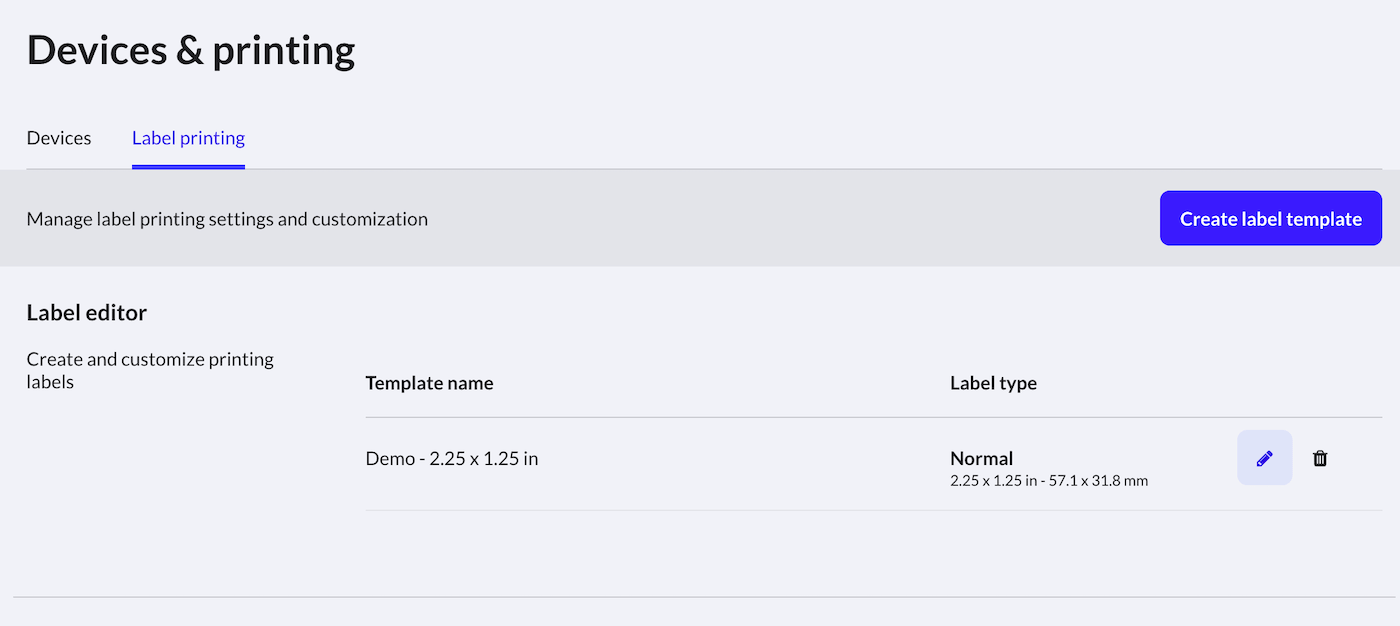 Devices and label printing page setup options.