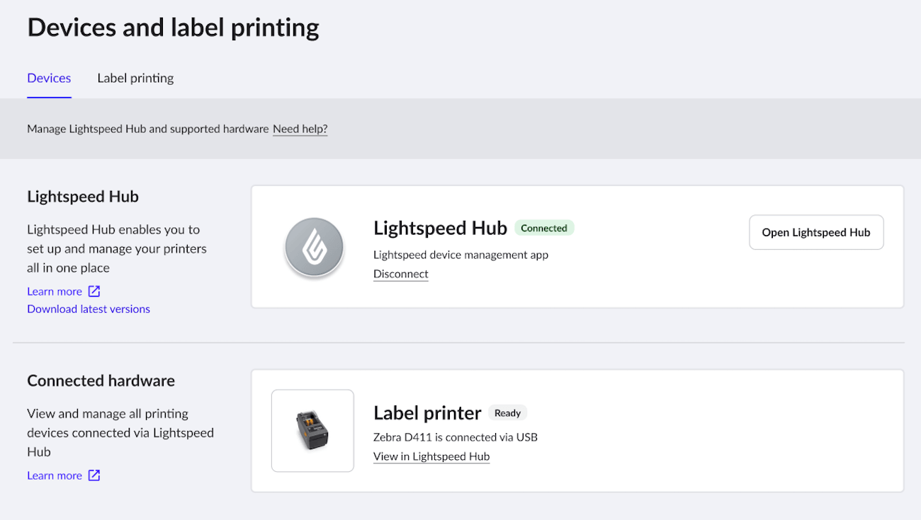Devices and label printing page setup options.