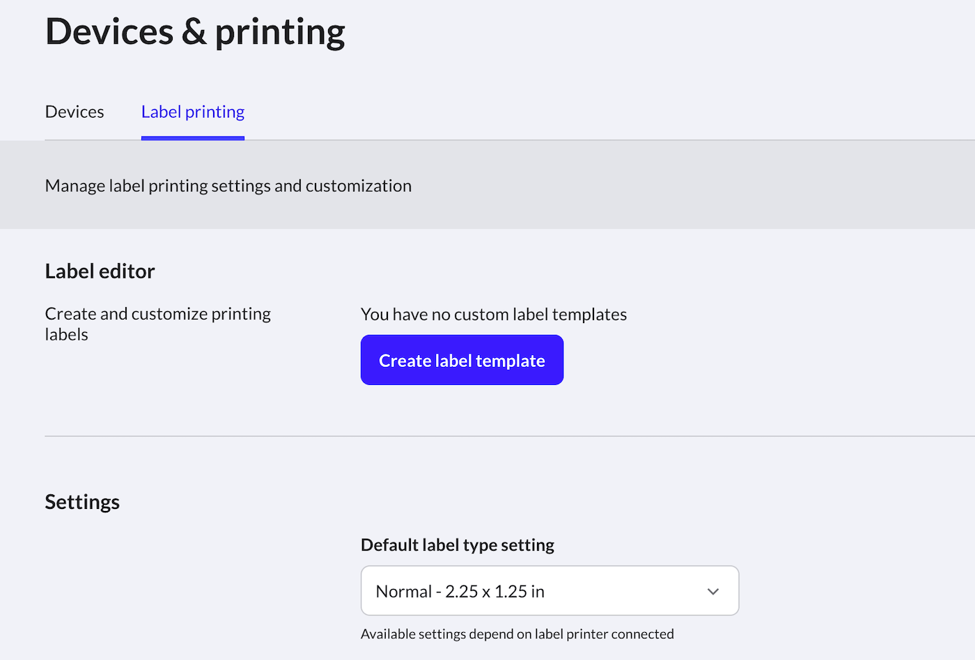 Devices and label printing page setup options.