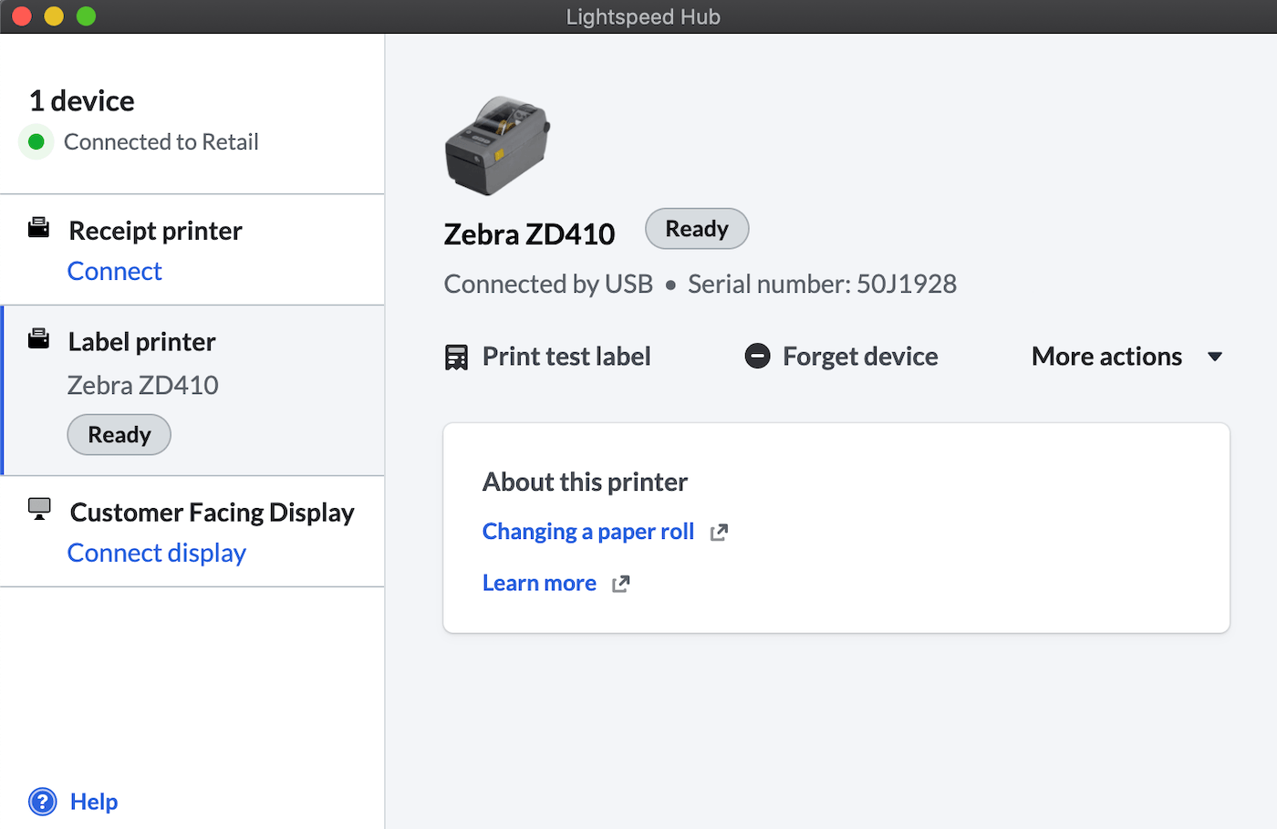 Lightspeed Hub Label printer page.
