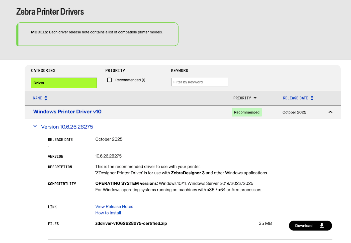 Zebra drivers page.