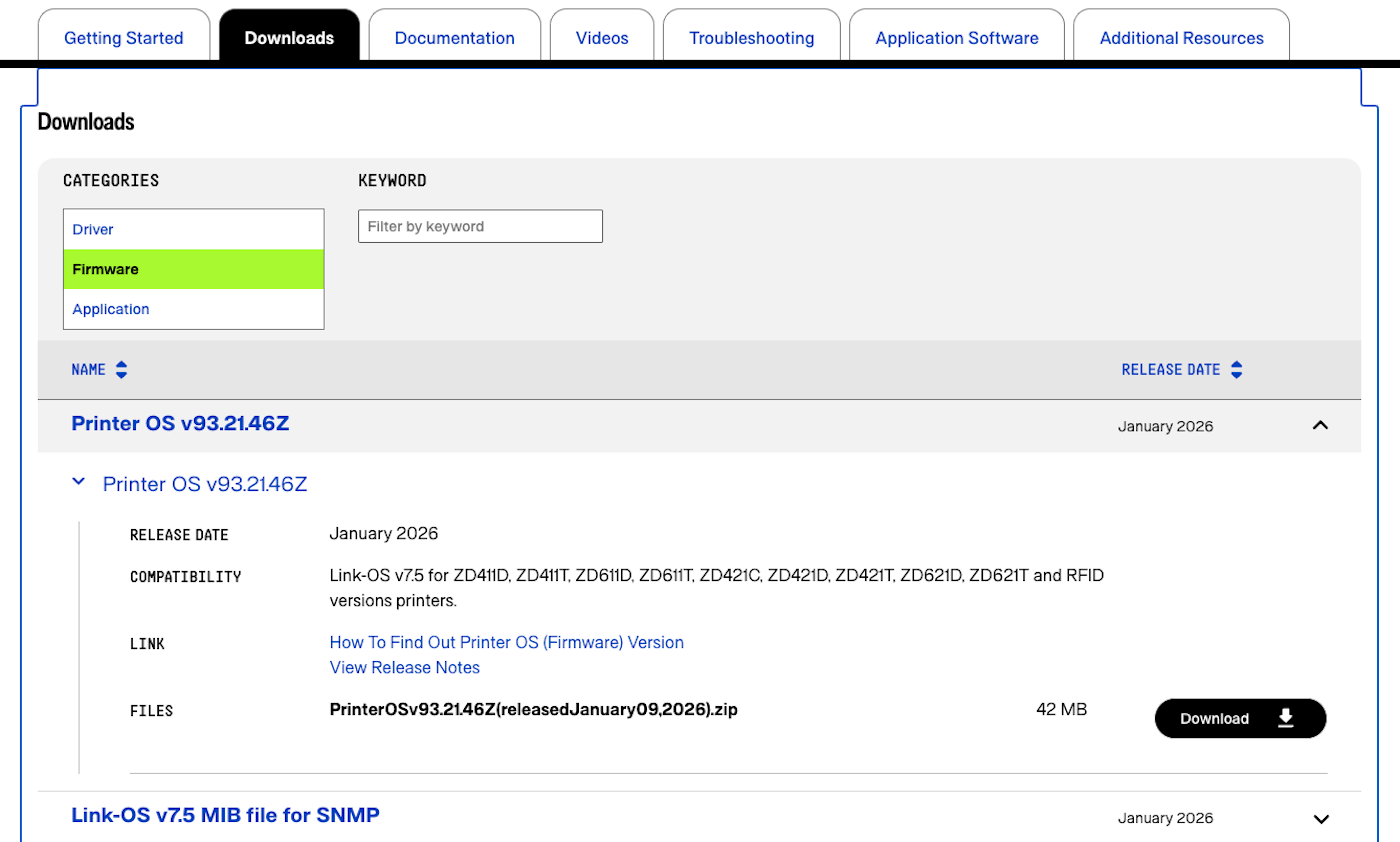 Zebra firmware page.