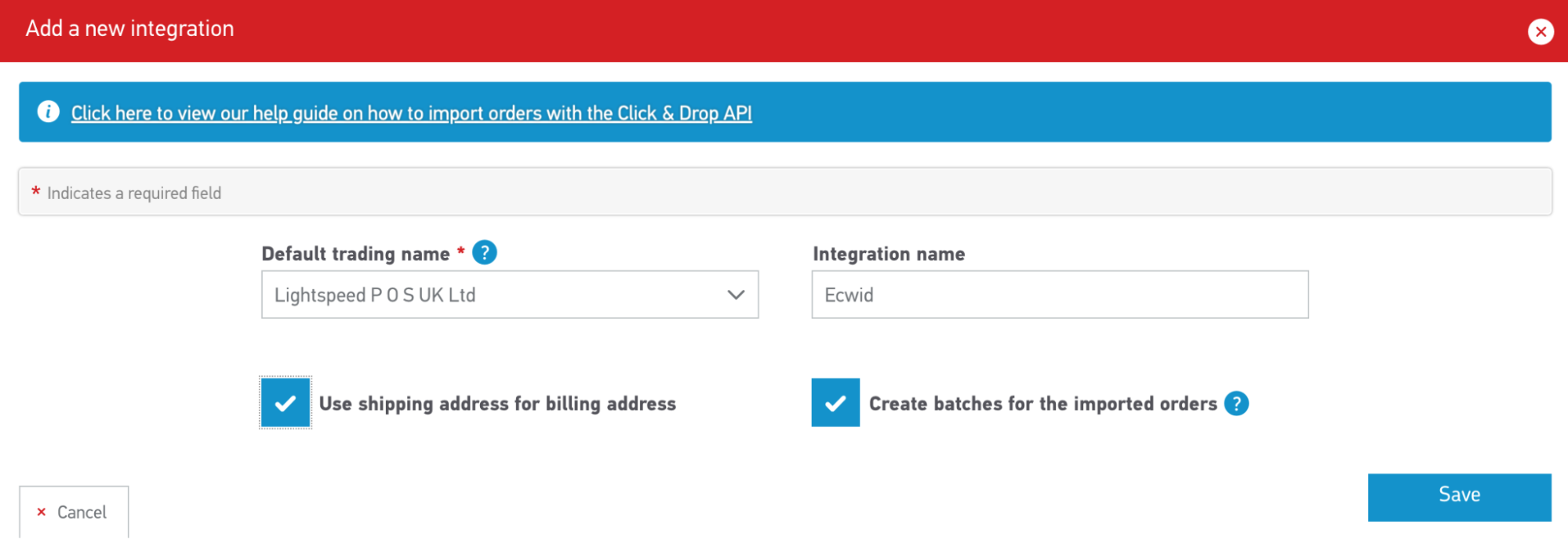 Royal Mail Click & Drop integration setup screen