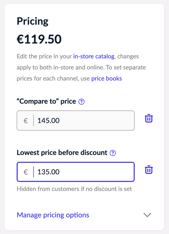 Lowest price before discount for a product