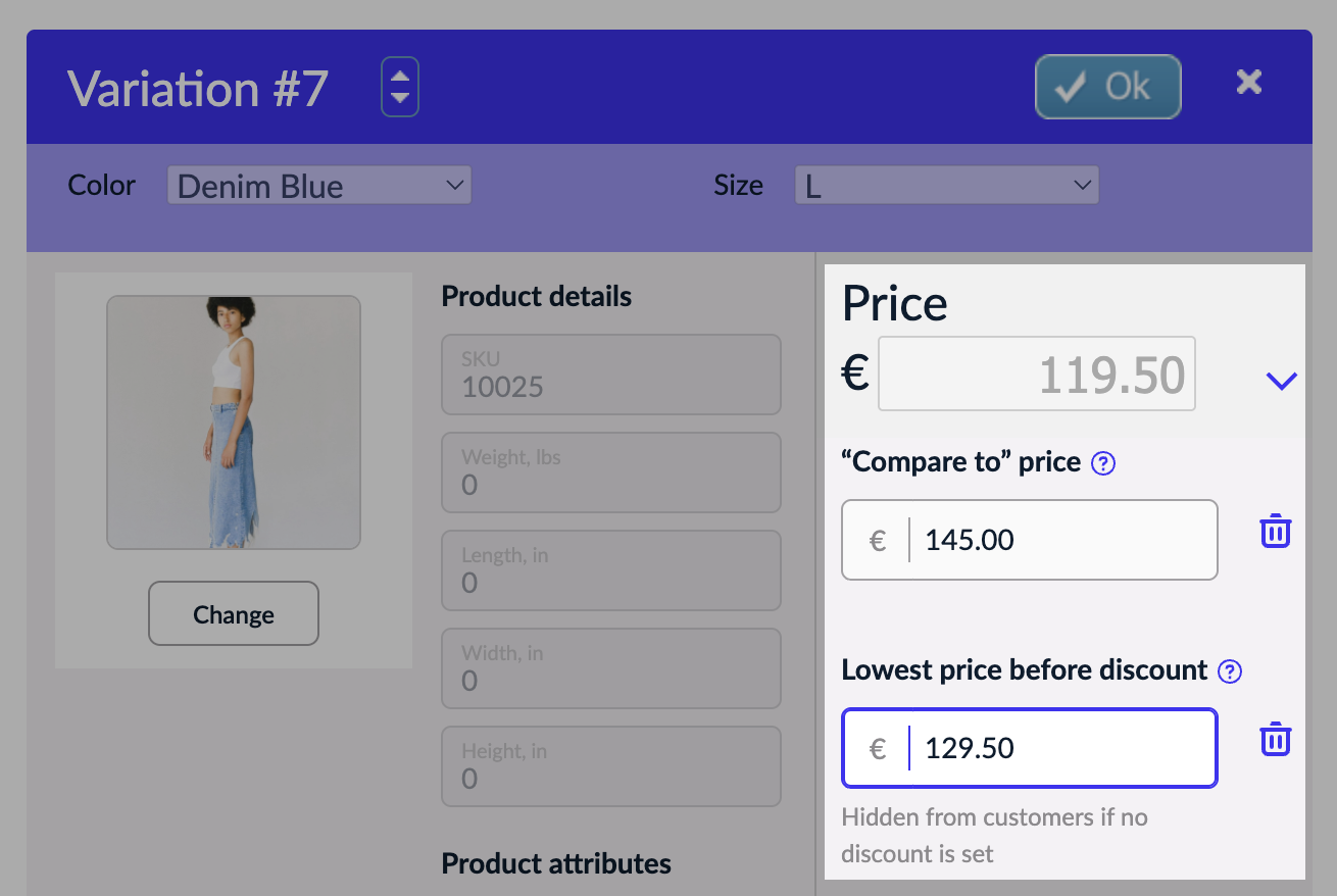 Lowest price before discount for a product variant