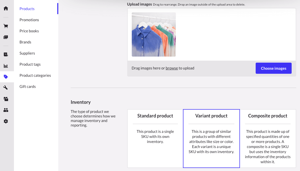 De pagina Nieuw product waarop de optie 'Productvarianten' is geselecteerd. Op de productafbeelding is hetzelfde overhemd in verschillende kleuren te zien.