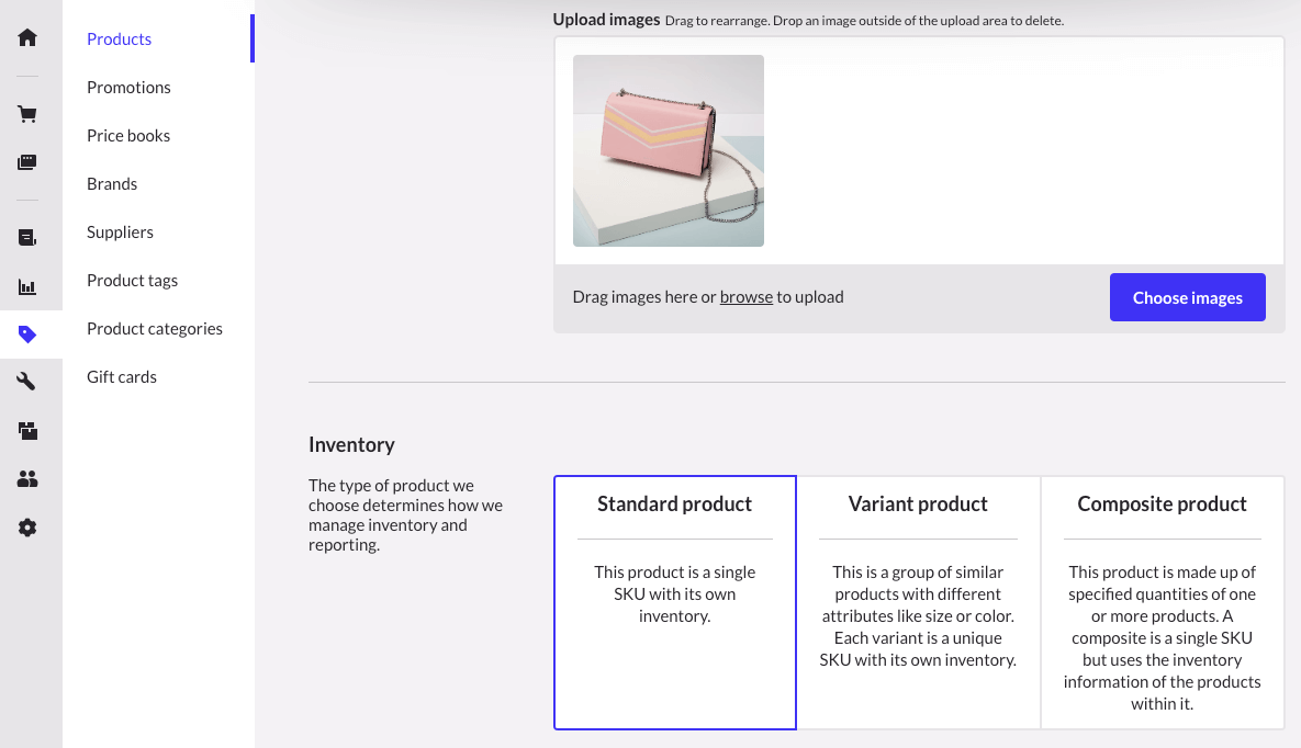De pagina Nieuw product waarop de optie 'Standaardproduct' is geselecteerd. Op de productafbeelding is één handtas te zien.