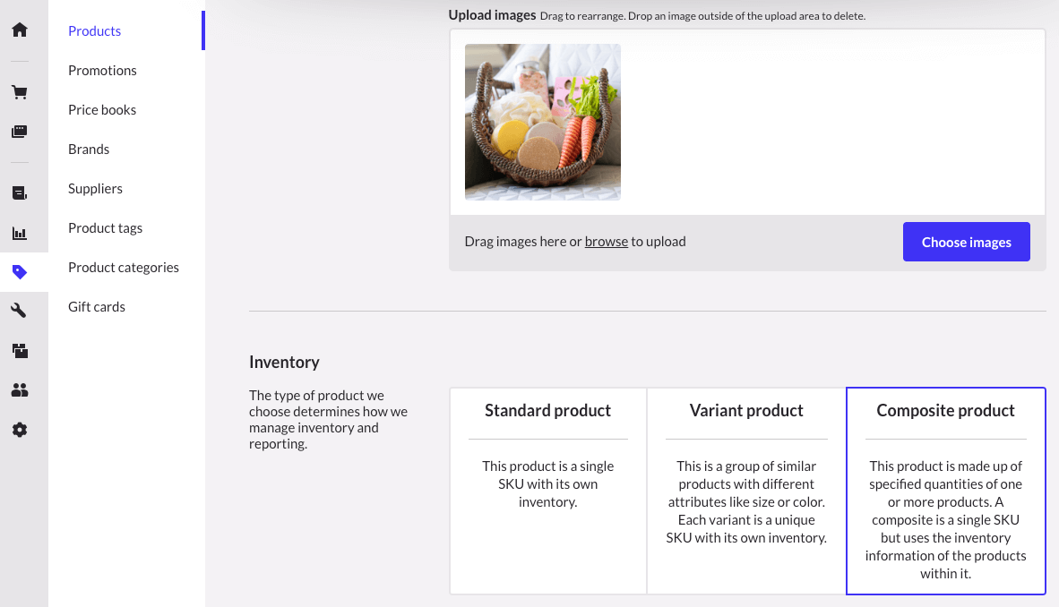De pagina Nieuw product waarop de optie 'Samengesteld product' is geselecteerd. Op de productafbeelding is een geschenkmand met diverse items te zien.