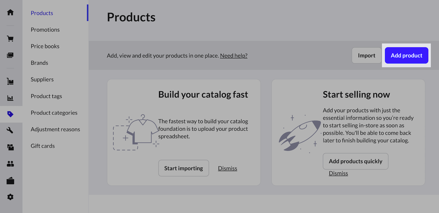 De pagina Producten met de uitgelichte knop Product toevoegen.