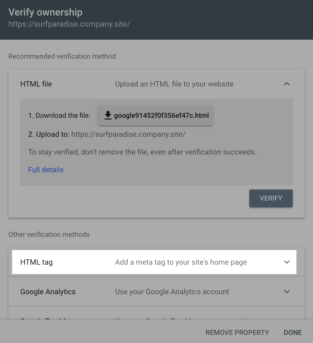 HTML tag to verify Instant Site ownership