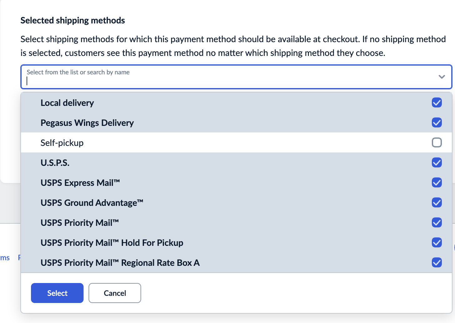 Selected shipping methods list