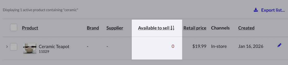 Indicateur 'Disponible à la vente' affichant 0.
