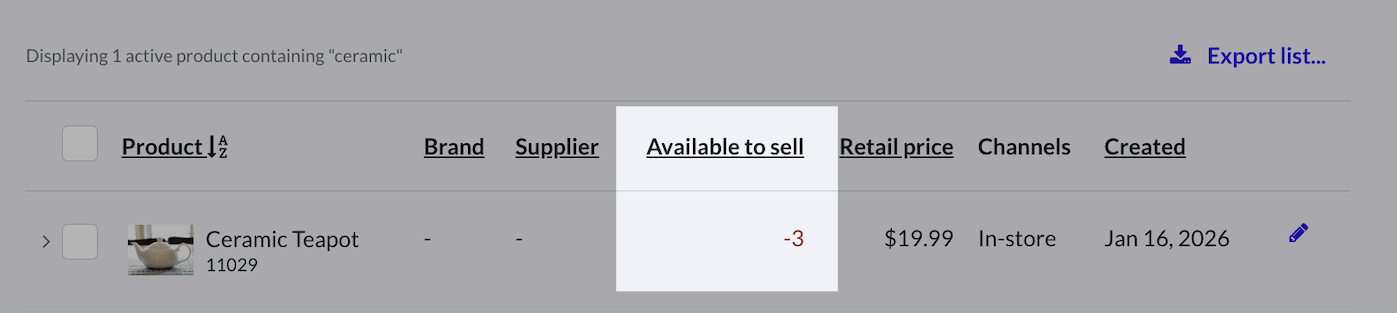 Indicateur 'Disponible à la vente' affichant -3.