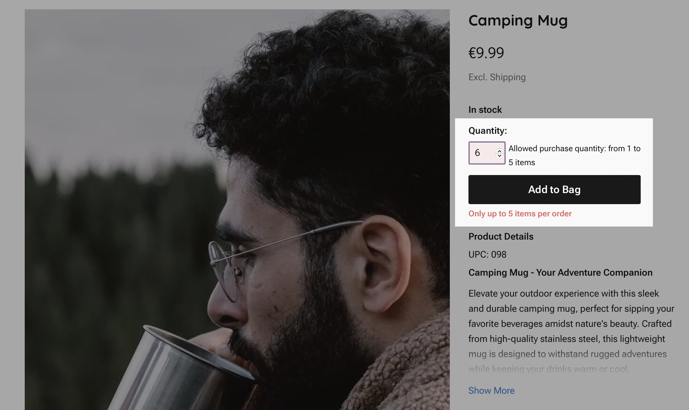 Order quantity limit on a product page