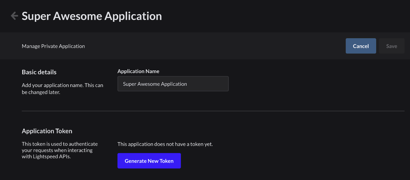 Een applicatie waarvoor de knop Generate New Token (Nieuw token genereren) wordt weergegeven.