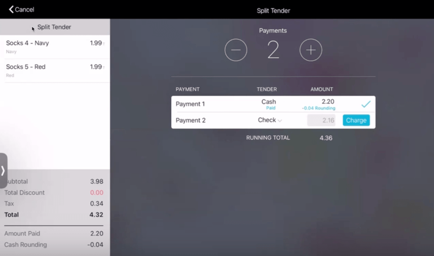 Retail POS (S-Series) Cash Transaction screen with split payment.