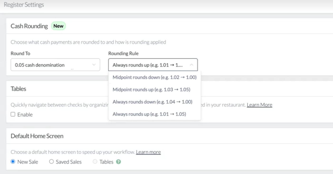 Cash Rounding settings page in Retail POS.