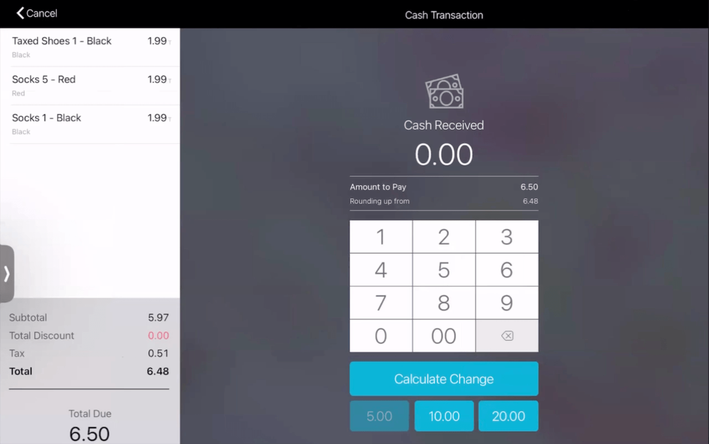 Retail POS (S-Series) Cash Transaction screen.