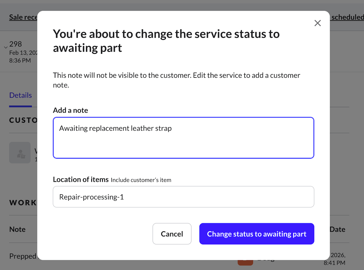 Option pour ajouter une note lors du changement de l'état du service.