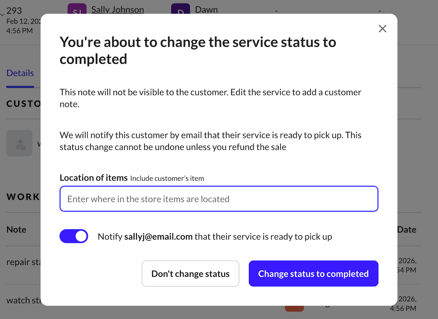 Option pour ajouter une note lorsqu'un service est marqué comme terminé.
