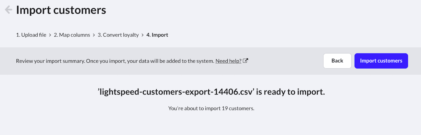 Import
  spreadsheet page showing import customers button.