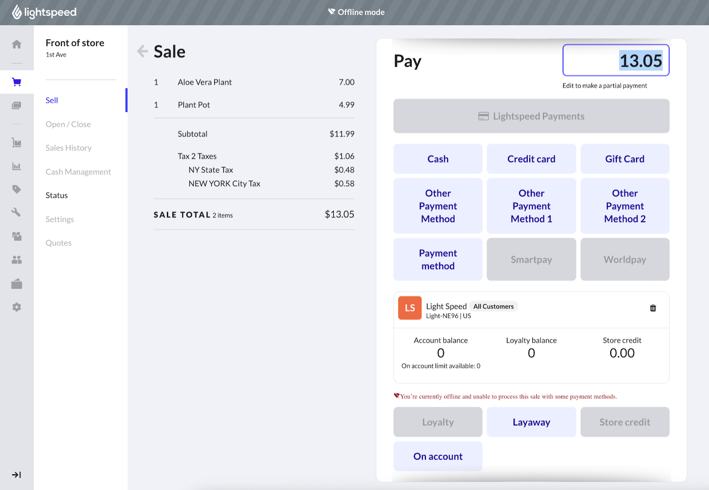 Payments page showing Offline banner and limited payment method options.